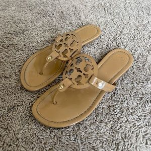 Tan Tory Burch Miller Logo Flat Thong Sandals